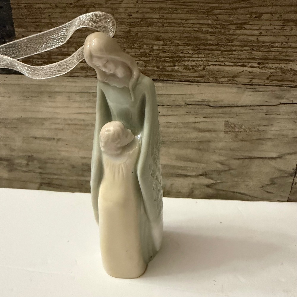 Hallmark 2002 Porcelain Angel with Child Christmas Ornament Vintage Green Cream